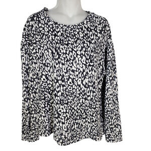 Tahari Sweater Women Large Gray Leopard Print Pullover Crew Neck Top Stretch